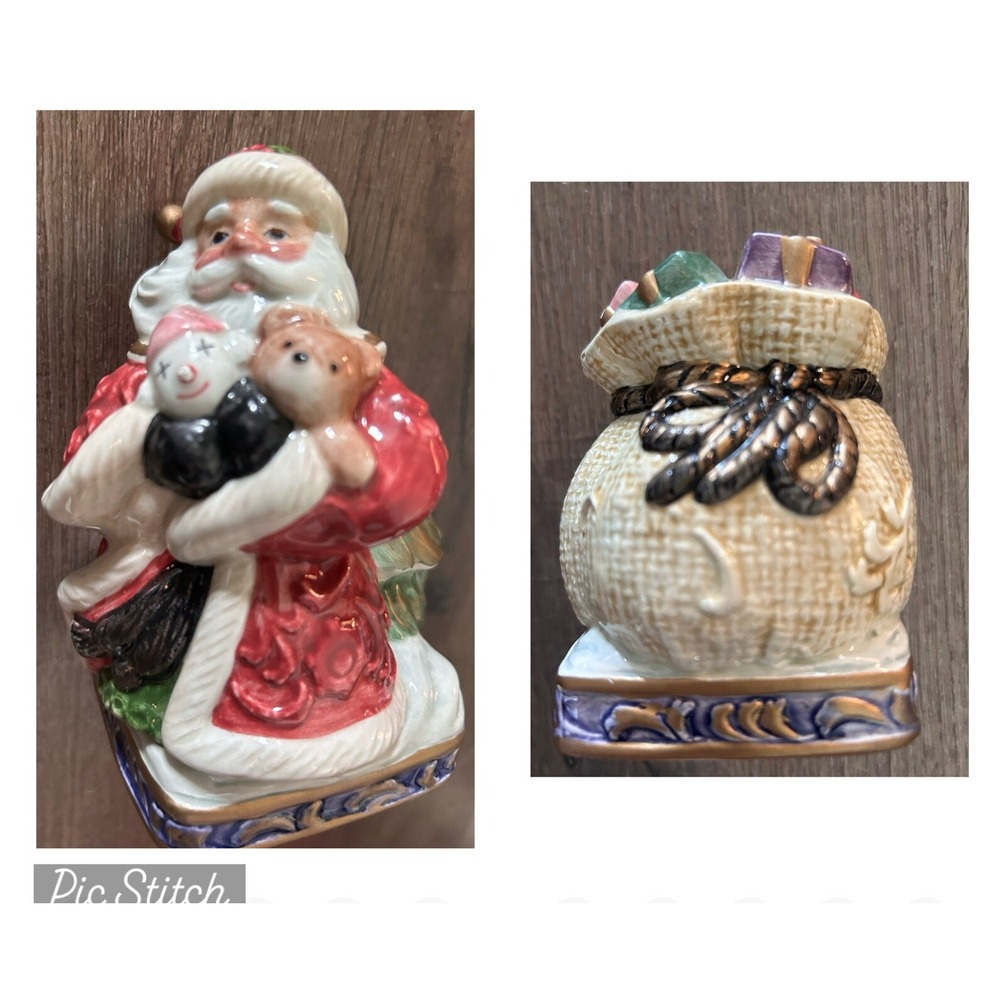OMNIBUS By FITZ & FLOYD Christmas  Taper Candle Holder Pair SANTA & TOY BAG EC